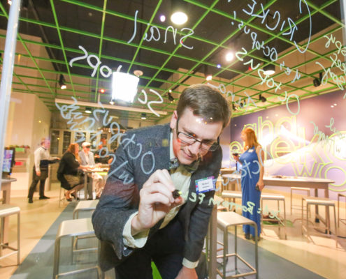 An interactive dry-erase glass wall.