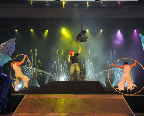 A corporate employee awards dinner turned into an extreme entertainment evening with skateboarders, BMX bikers and Dancing Waters as a backdrop.