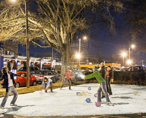 Being in the Carolinas, we didn’t want to wait for Mother Nature so we converted a dentist's office parking lot into our own snow playground (yes with real snow).