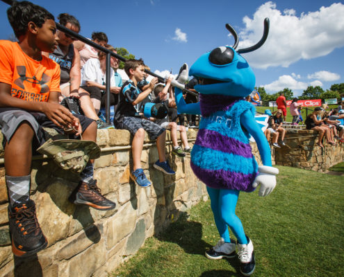 Hugo, the Charlotte Hornets mascot, entertained attendees during a celebrity kickball tournament.